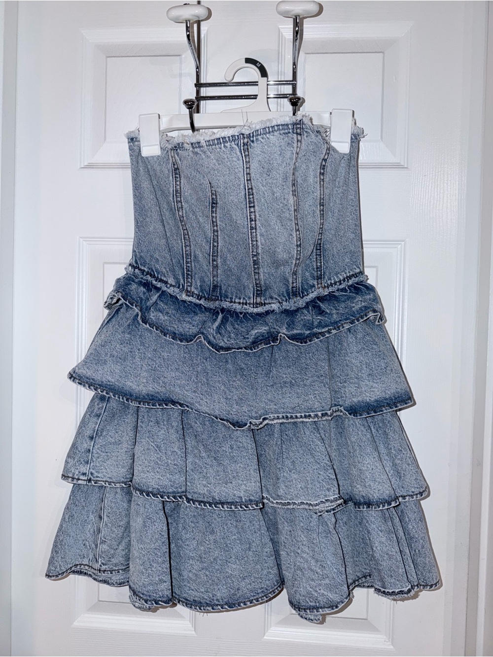 Denim Tiered Strapless Mini Dress - Light Blue Wash